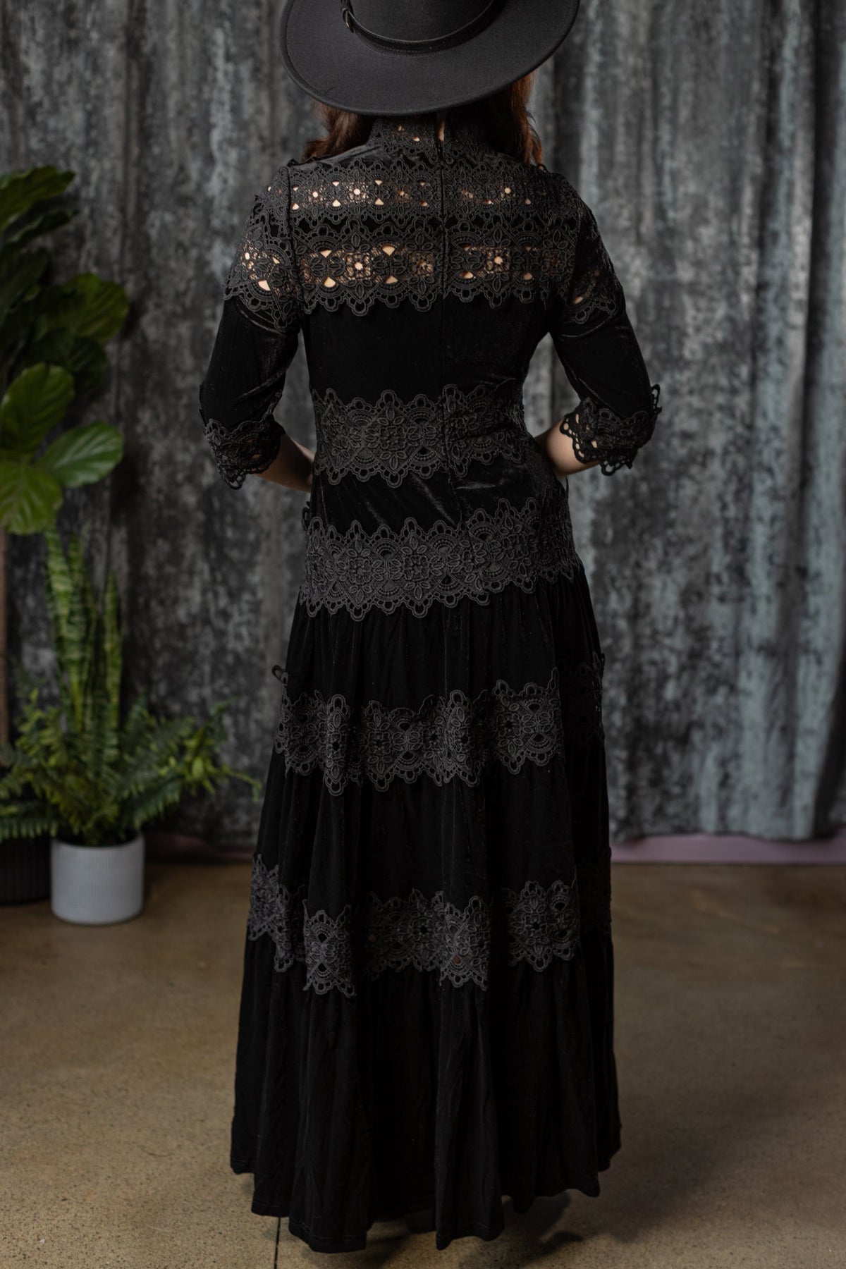 ELOWYN - Velvet and lace tiered maxi dress - READY TO SHIP