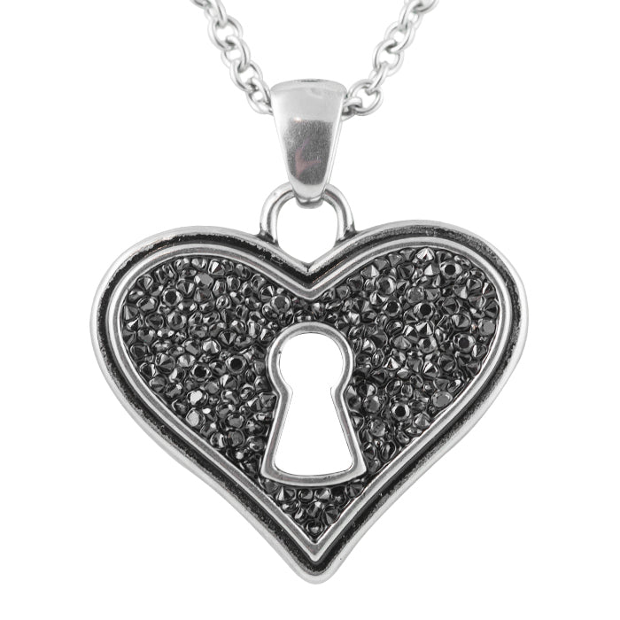 Bejeweled Heart Keyhole Necklace Black Crystal Silver