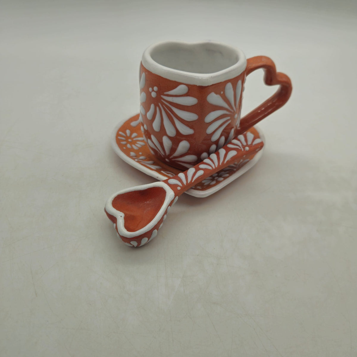 Brown Talavera Heart Mug Set | Cup, Plate & Spoon