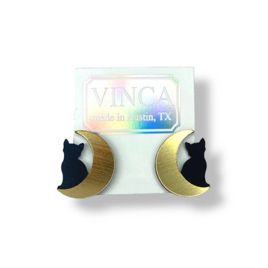 Small Cat in Moon Earrings