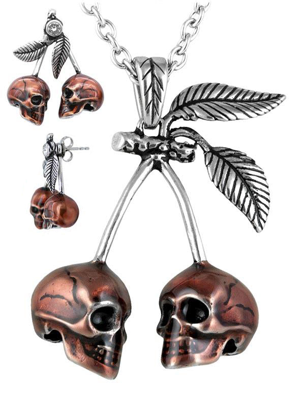 Cherry Skull Necklace And Earrings Gothic Pendant Set