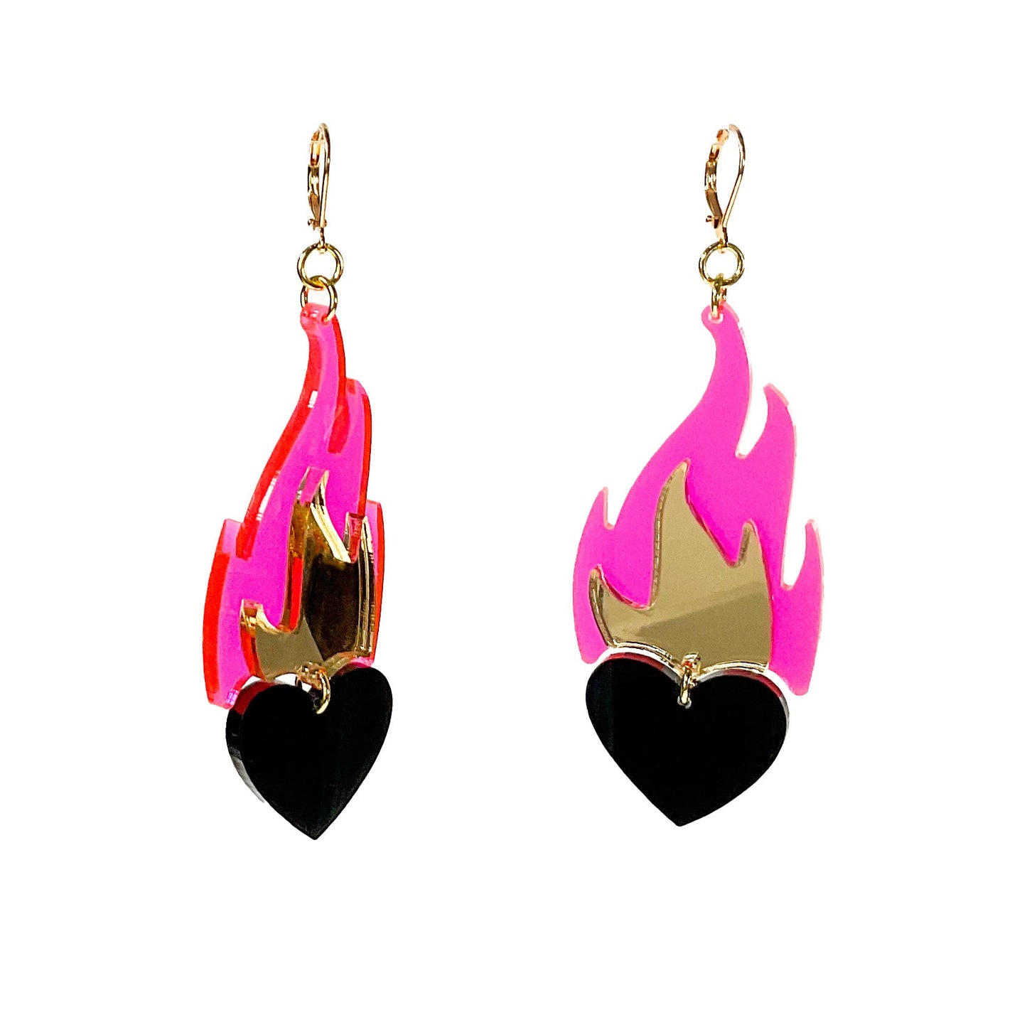 Love A La Flambé Burning Heart on Fire Dangle Earrings - Nightmare Hot Pink