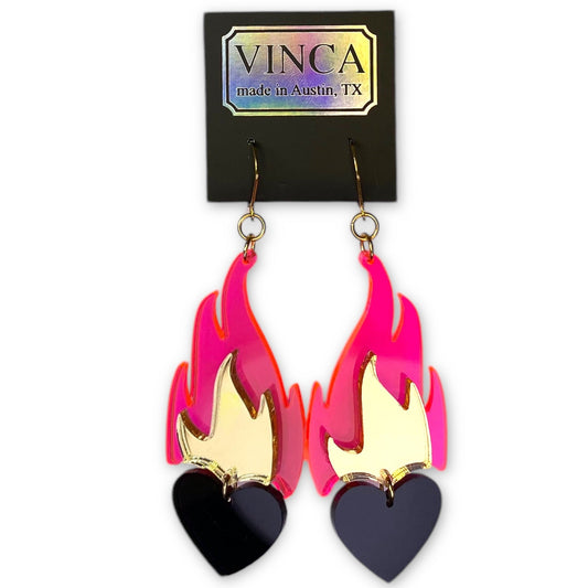 Love A La Flambé Burning Heart on Fire Dangle Earrings - Nightmare Hot Pink