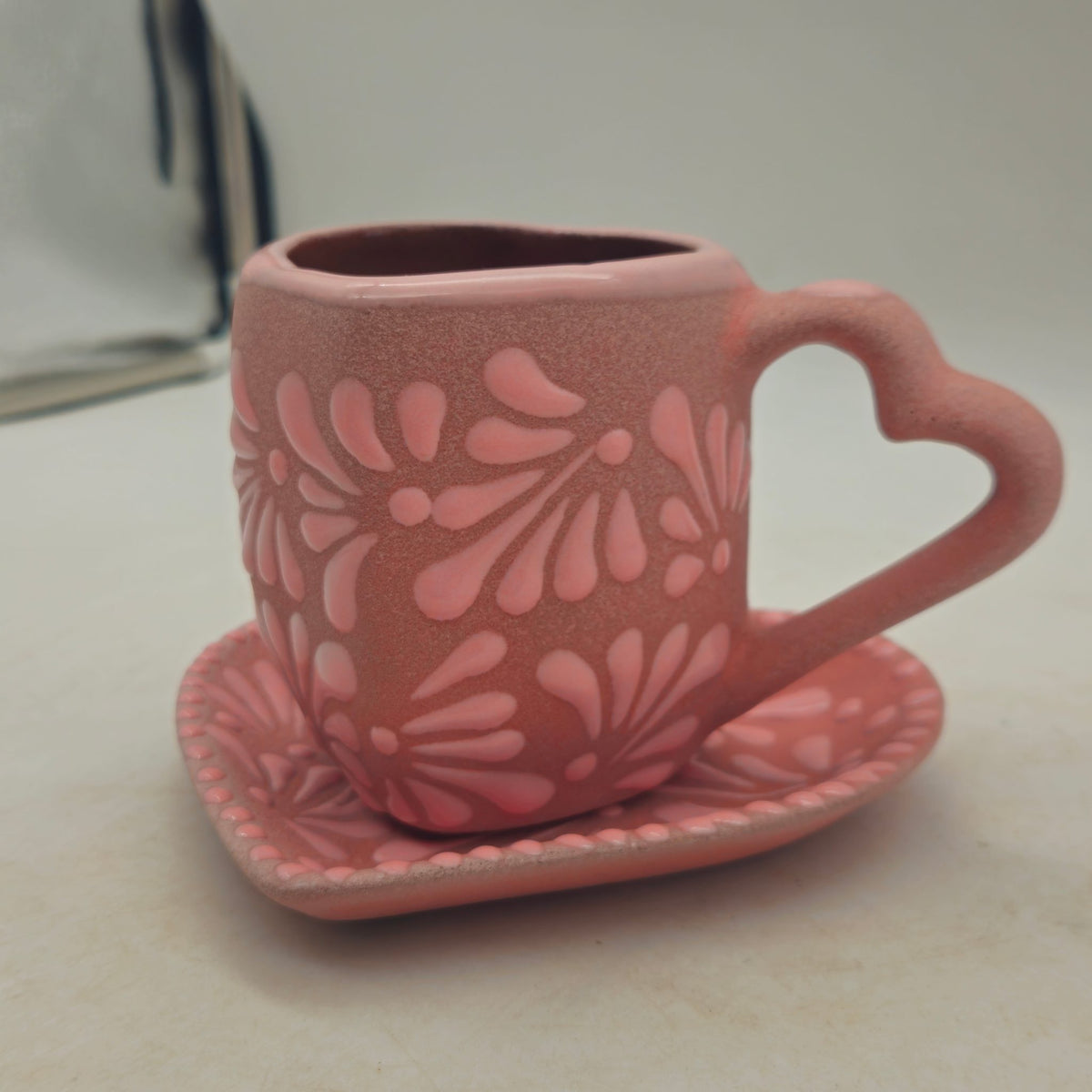 Heart-Shaped Talavera Mug Set | Brown & White Coffee Cup & Plate