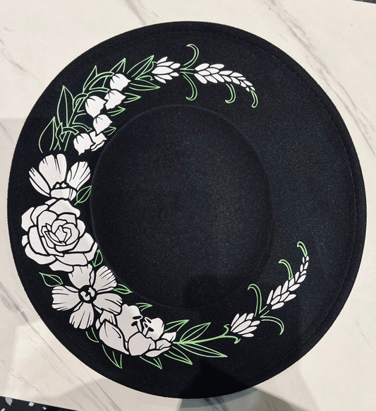 Vegan Felt Wide Brim Hat - Flat Top XL Brim - "Floral Crescent moon"