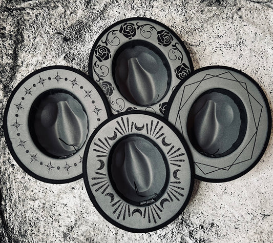 Vegan Felt Wide Brim Hat - "Charcoal Black Starburst"