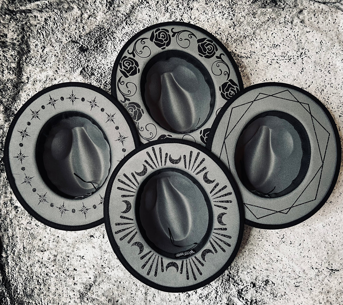 Vegan Felt Wide Brim Hat - "Charcoal Black Starburst"