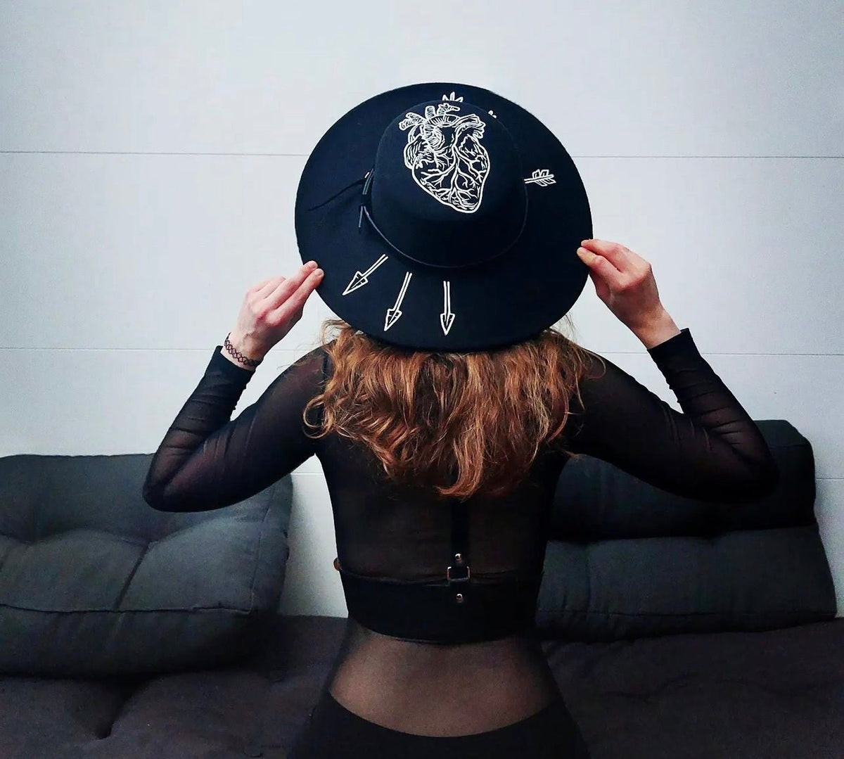Vegan Felt Wide Brim Hat - Flat Top XL Brim - "Arrows Through Heart"