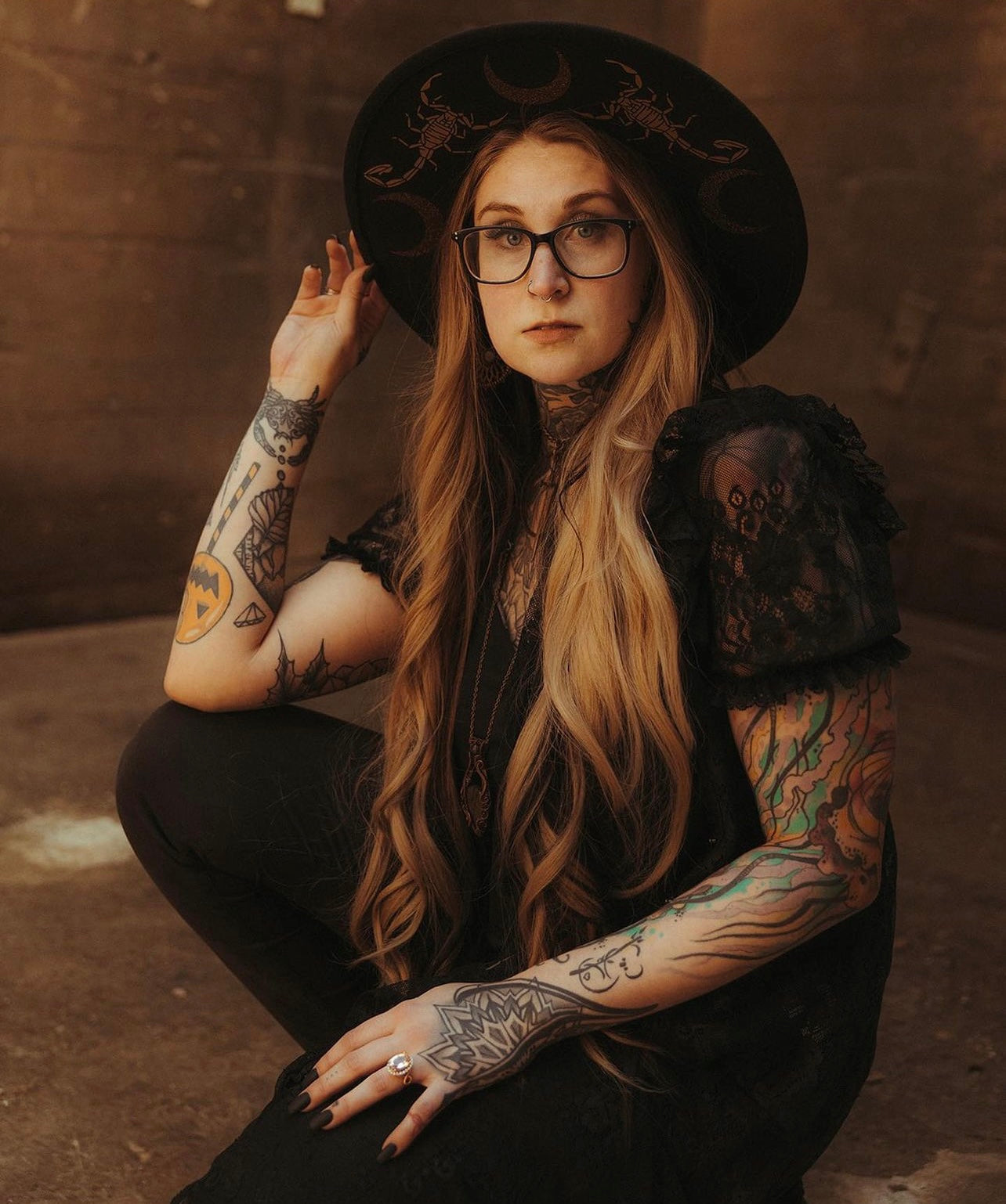 Vegan Felt Hat - XL Brim - "Scorpions & Moons"