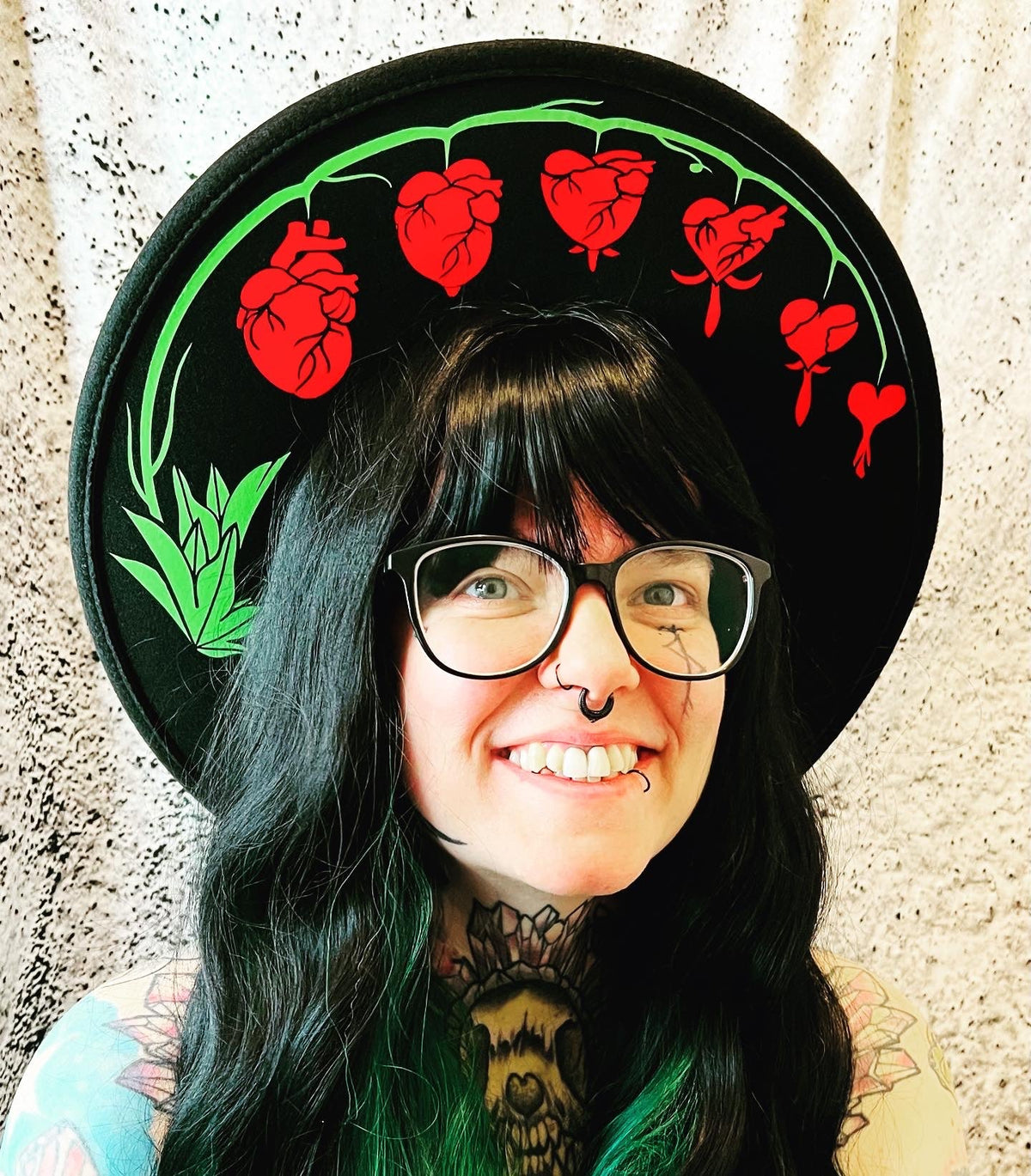 Vegan Felt Hat - XL Brim - Bleeding Hearts floral