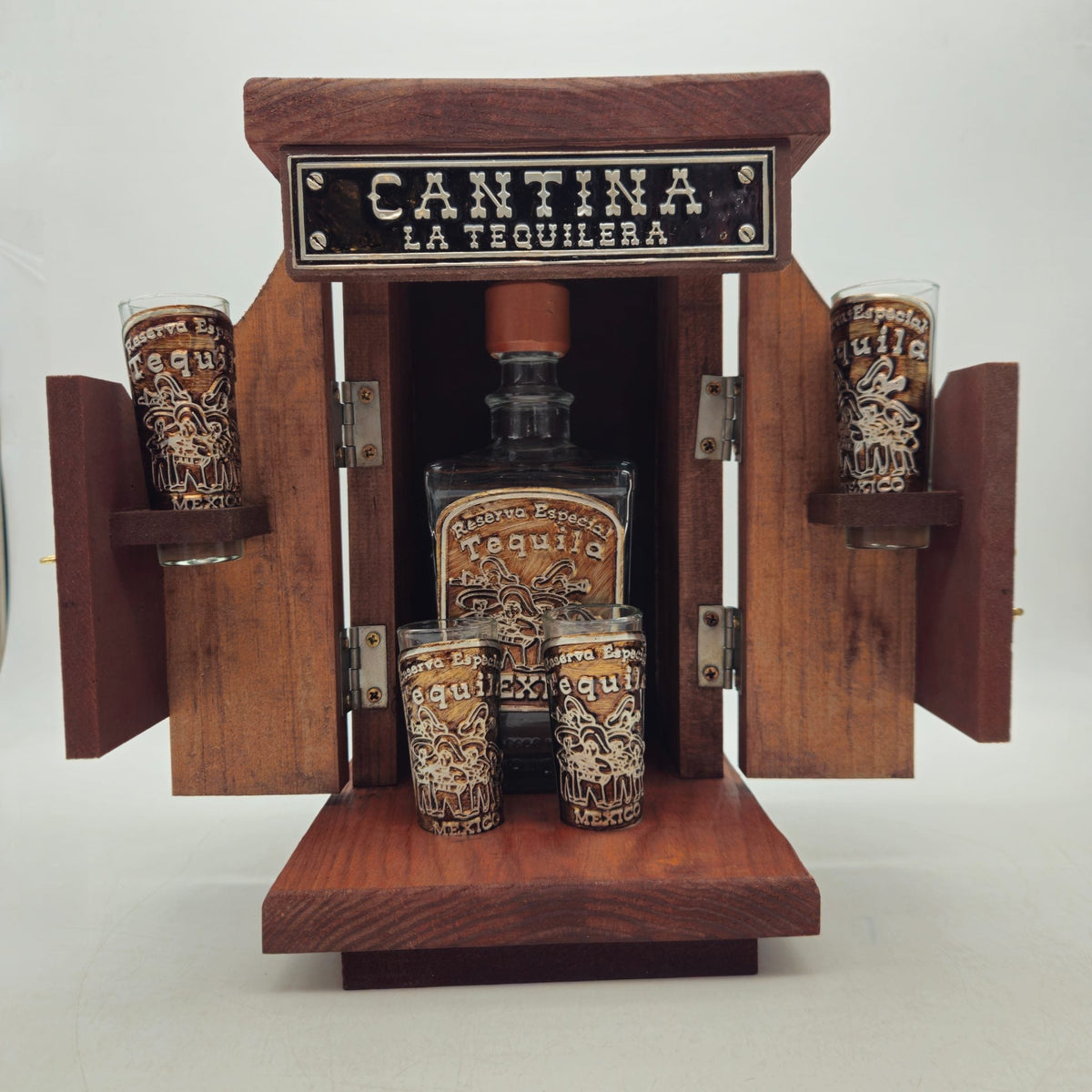 Mexican Tequila Decanter Set | Wooden Cantina Box & 4 Shot Glasses