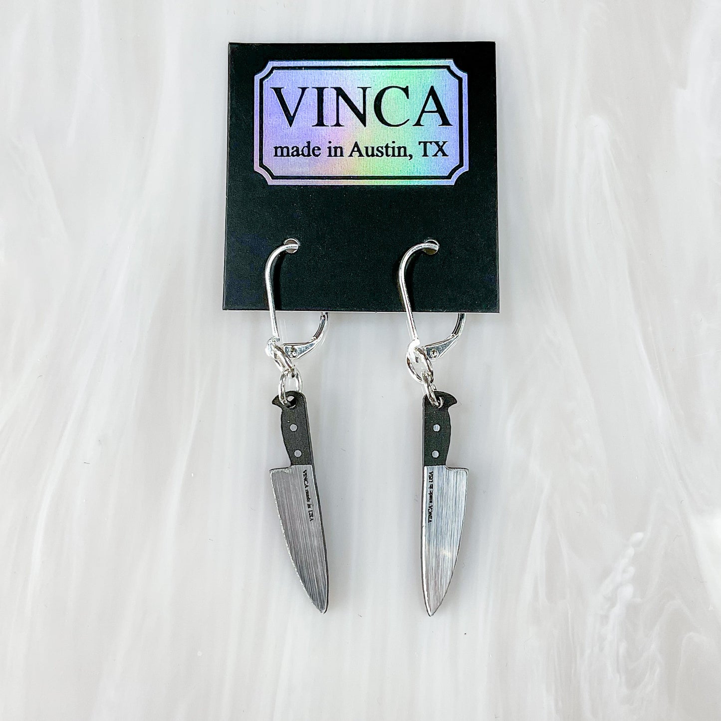 Tiny 1” Chef's Knife Dangle Earrings in Silver