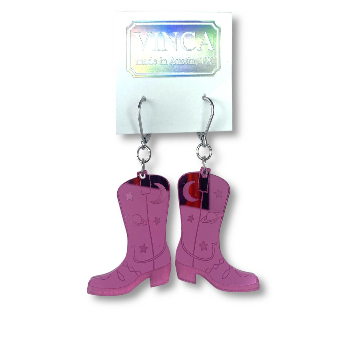 Space Cowboy Boot Dangle Earrings - Mirror Pink