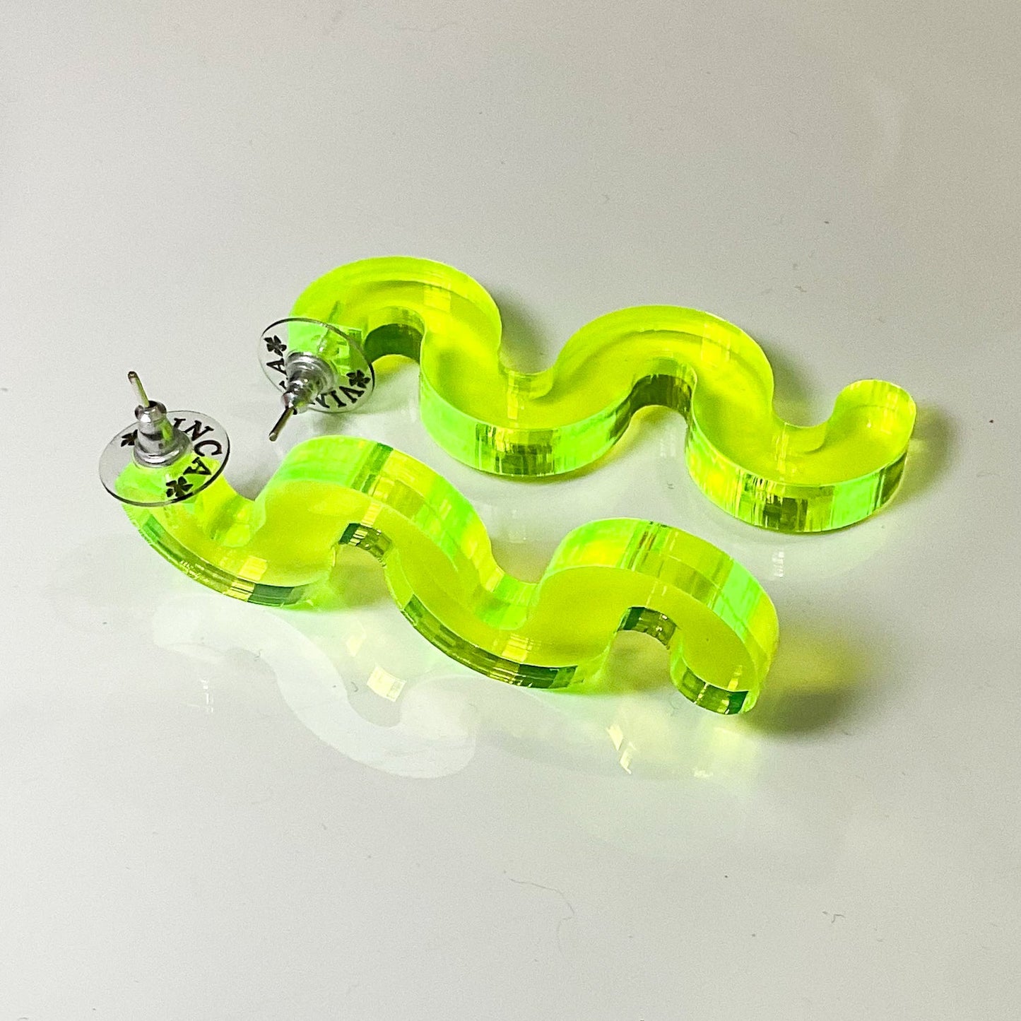 Chunky Squiggle Statement Earrings - Black Light Reactive Clear Green