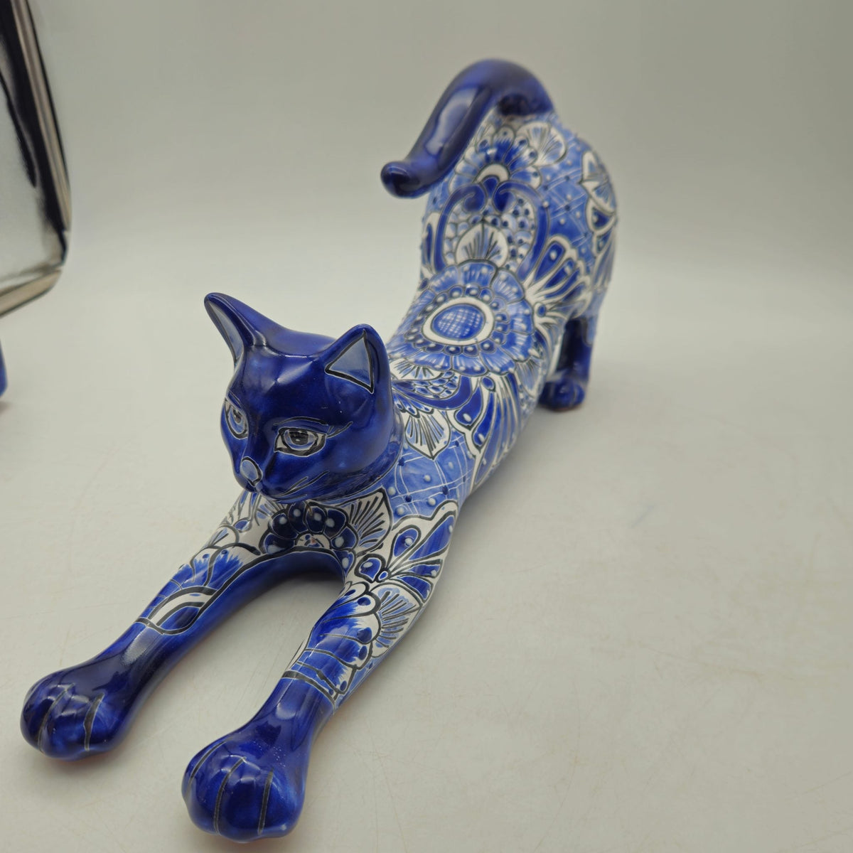 Talavera Stretching Cat Statue | Blue & White Floral Design