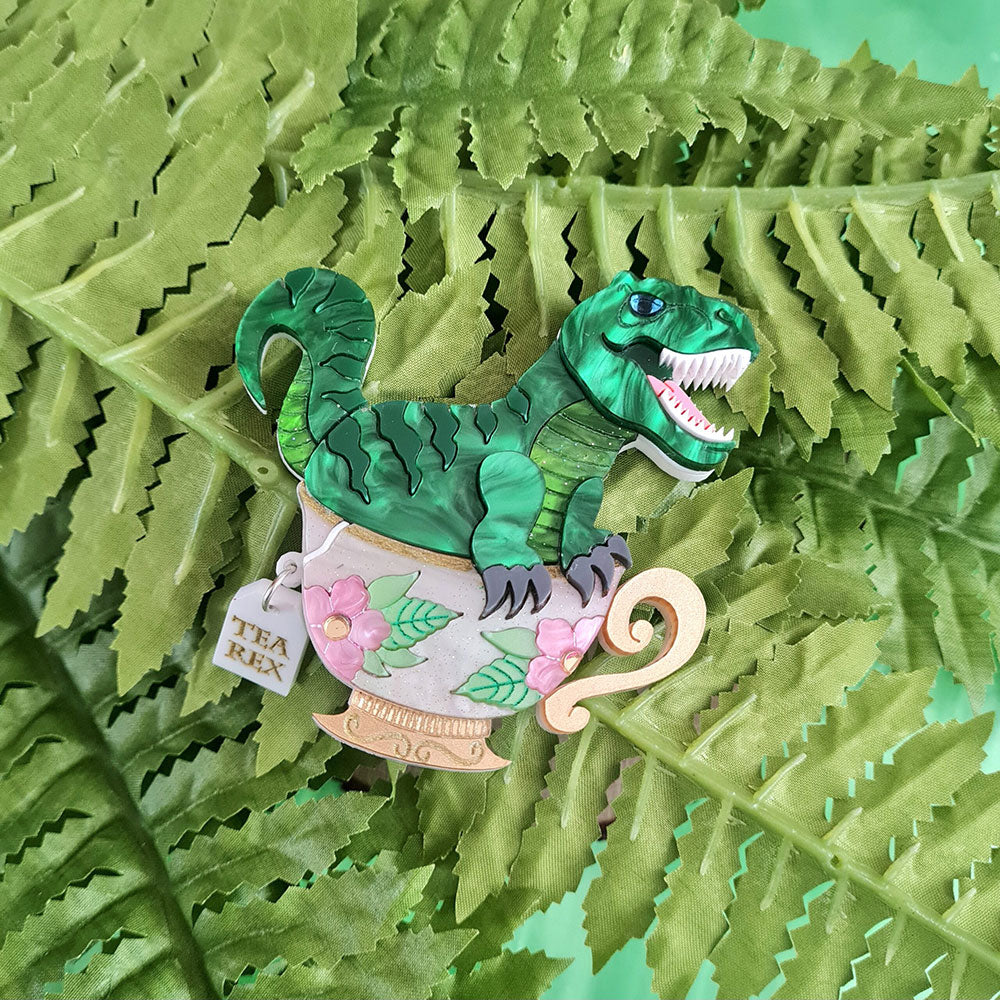 Tea Rex Dinosaur Teacup Brooch by Cherryloco Jewellery