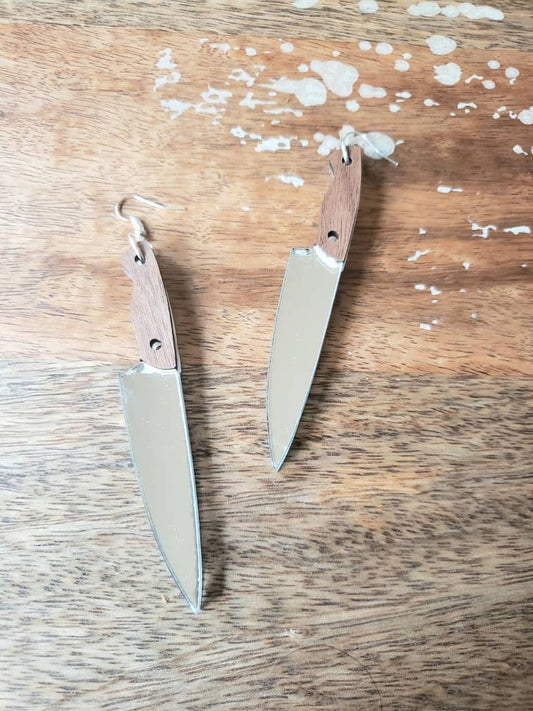 Walnut Wooden Mirrored Knife Earrings