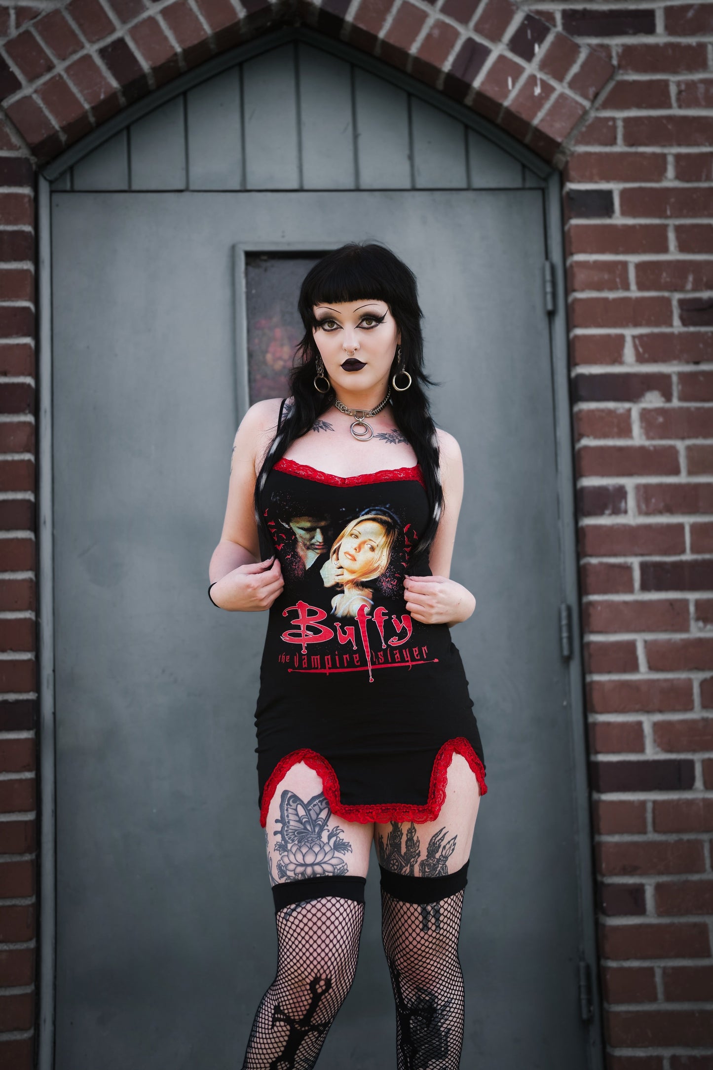 Buffy Red Slit Red Lace Dress