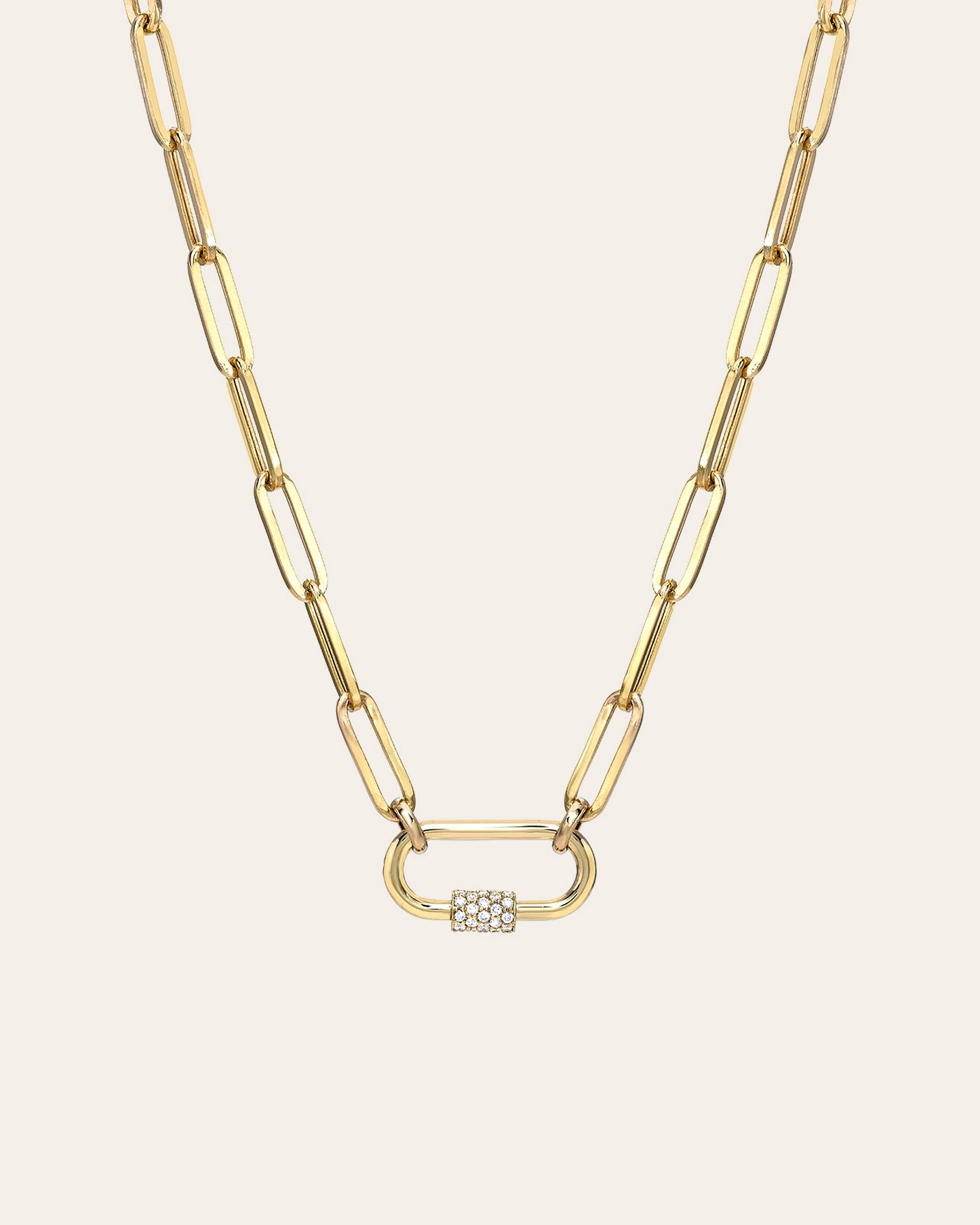 14k Gold Large Paper Clip Chain with Diamond Carabiner Necklace