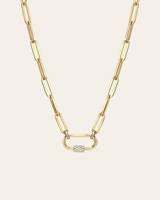14k Gold Large Paper Clip Chain with Diamond Carabiner Necklace