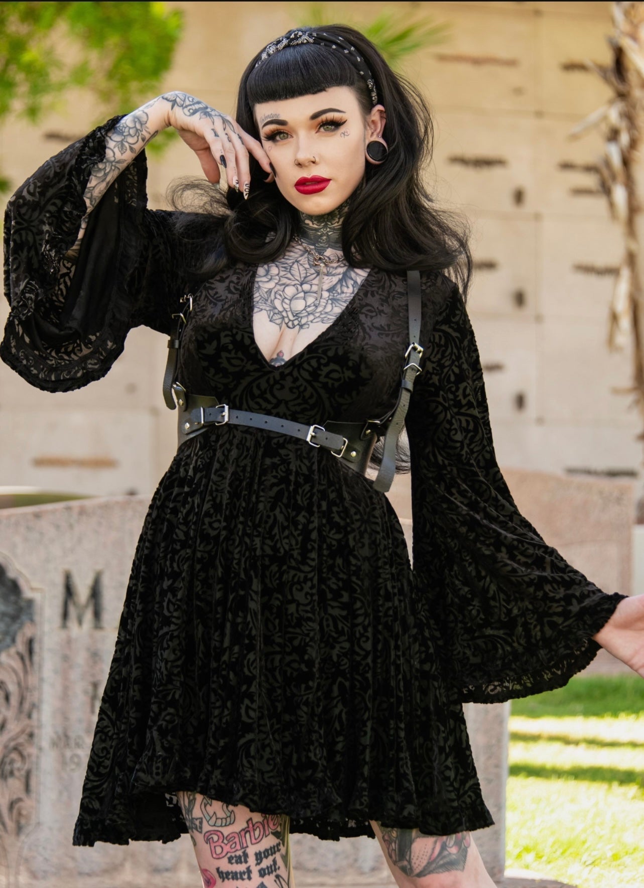 Nyx - Bell Sleeved Velvet Damask Dress with Harness - READY TO SHIP!