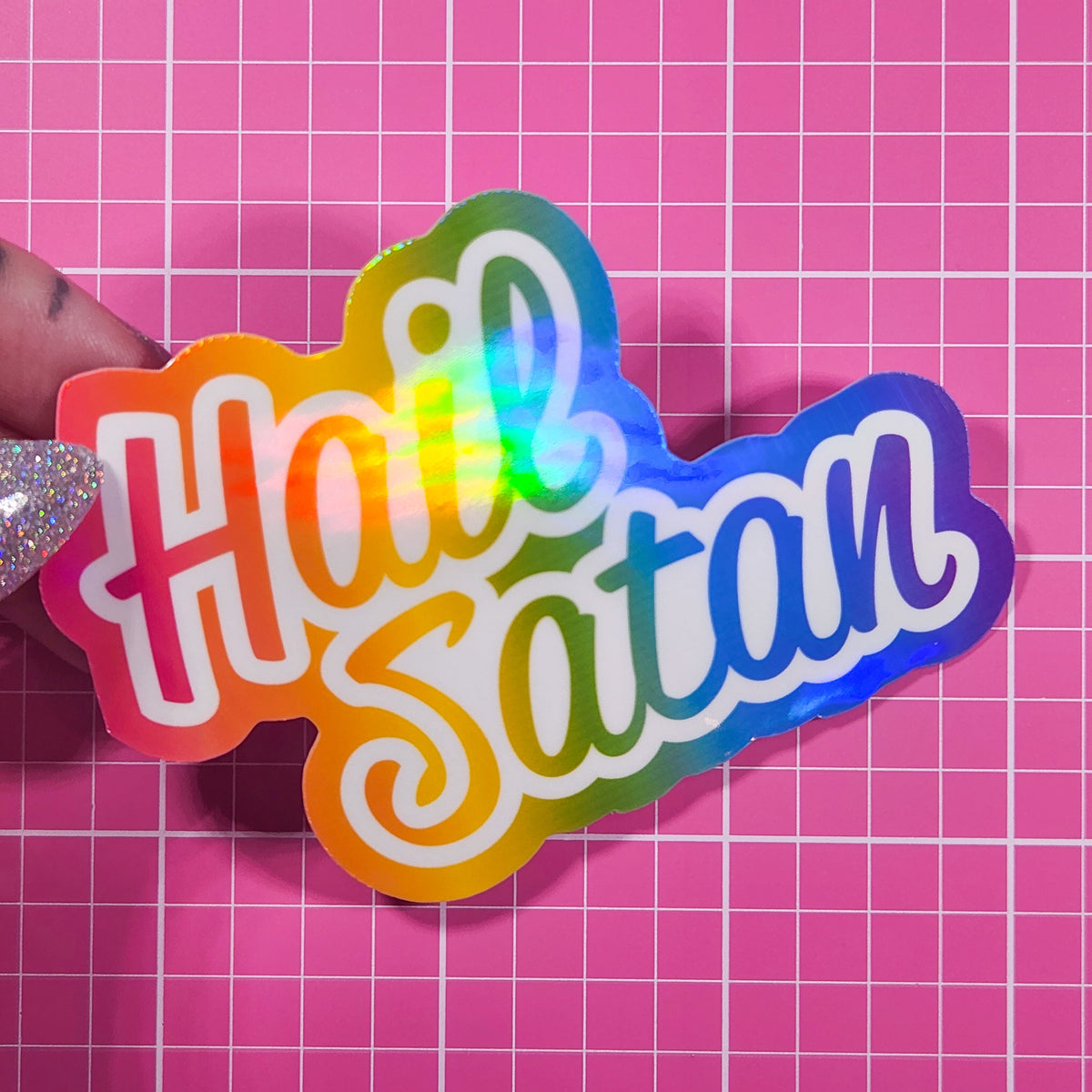 Hail Satan - Rainbow Holographic Sticker, 3 x 2.25 in.