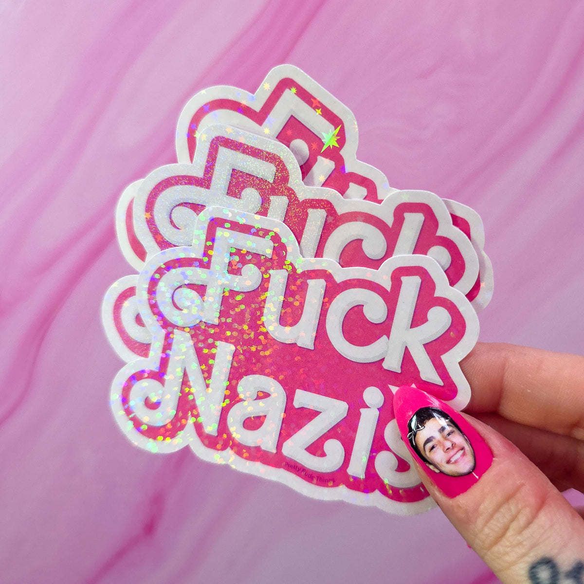 "Fuck Nazis" Barbie Sticker, 3 x 2.2 in.
