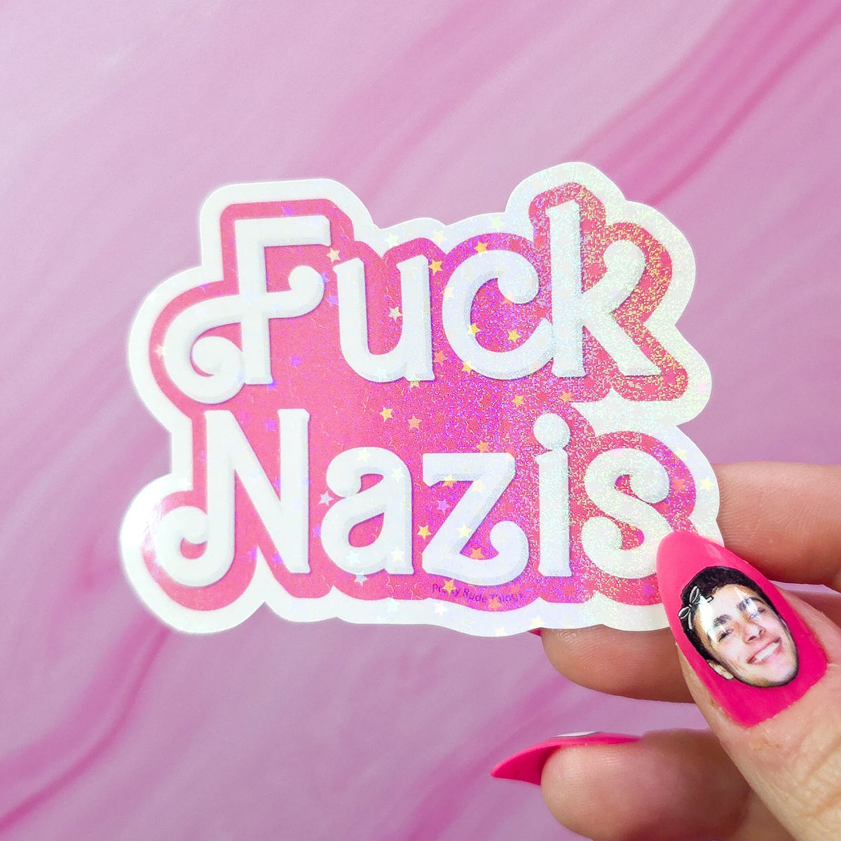 "Fuck Nazis" Barbie Sticker, 3 x 2.2 in.