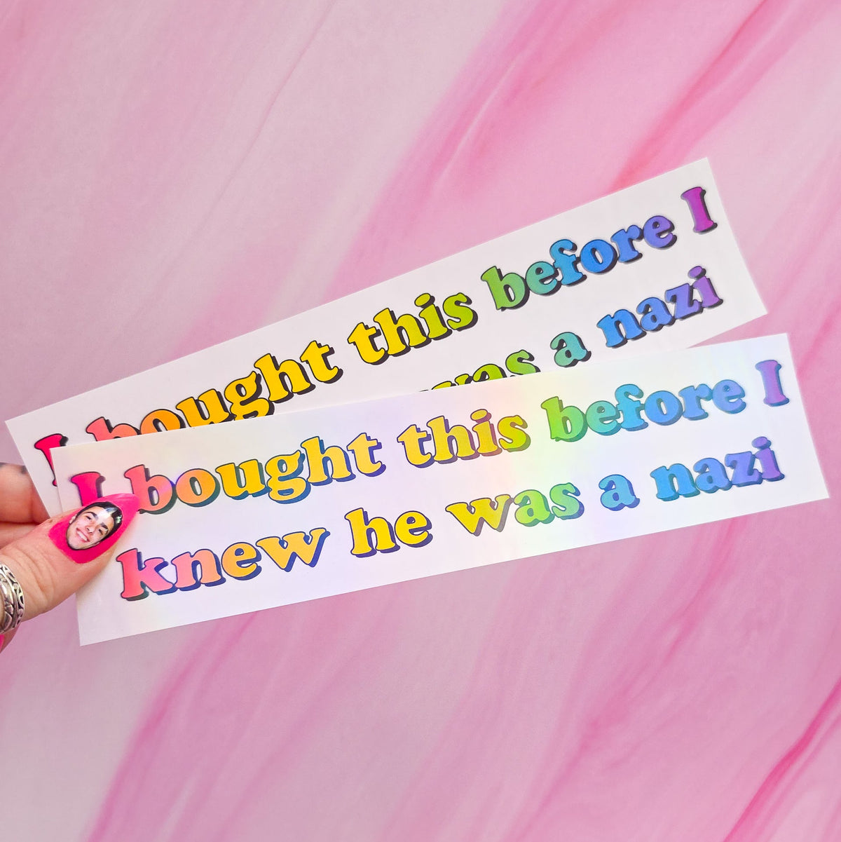 "I bought this before I knew he was a n*zi" bumper sticker, 8.25 x 2 in.