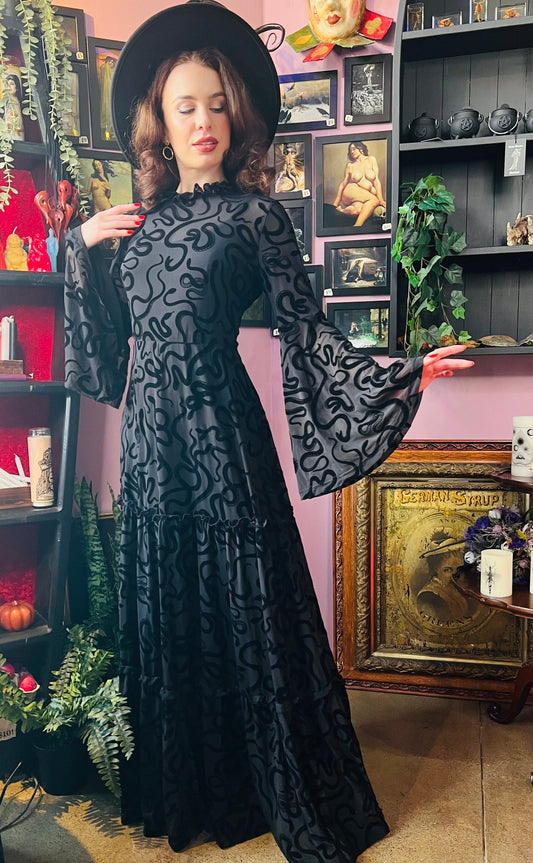 Sloane - Velvet Flocked Snake Maxi Dress with Bell Sleeves - READY-to-SHIP