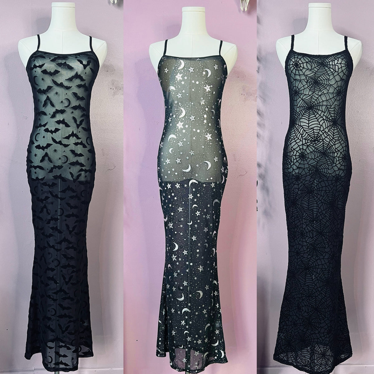 Sheer Hourglass Maxi Dress - Velvet Flocked Spider Webs - READY TO SHIP!