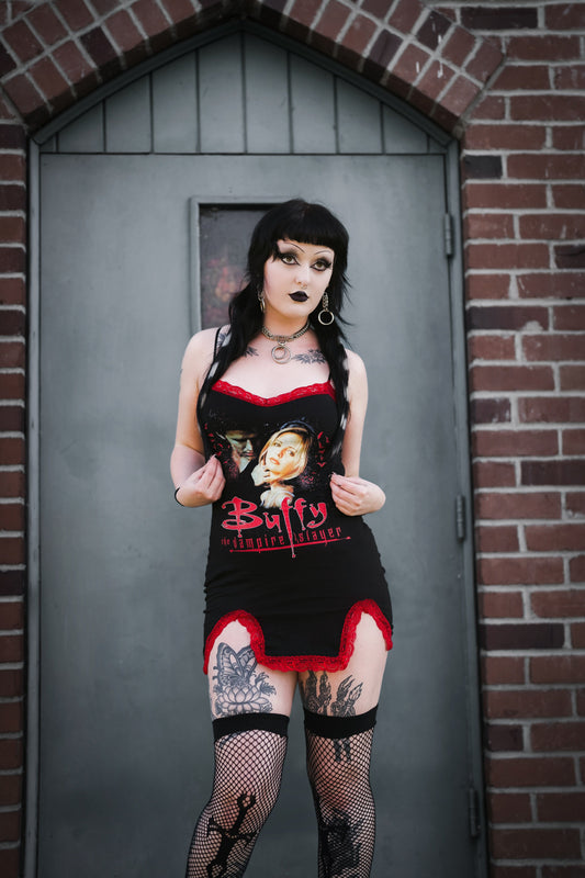 Buffy Red Slit Red Lace Dress