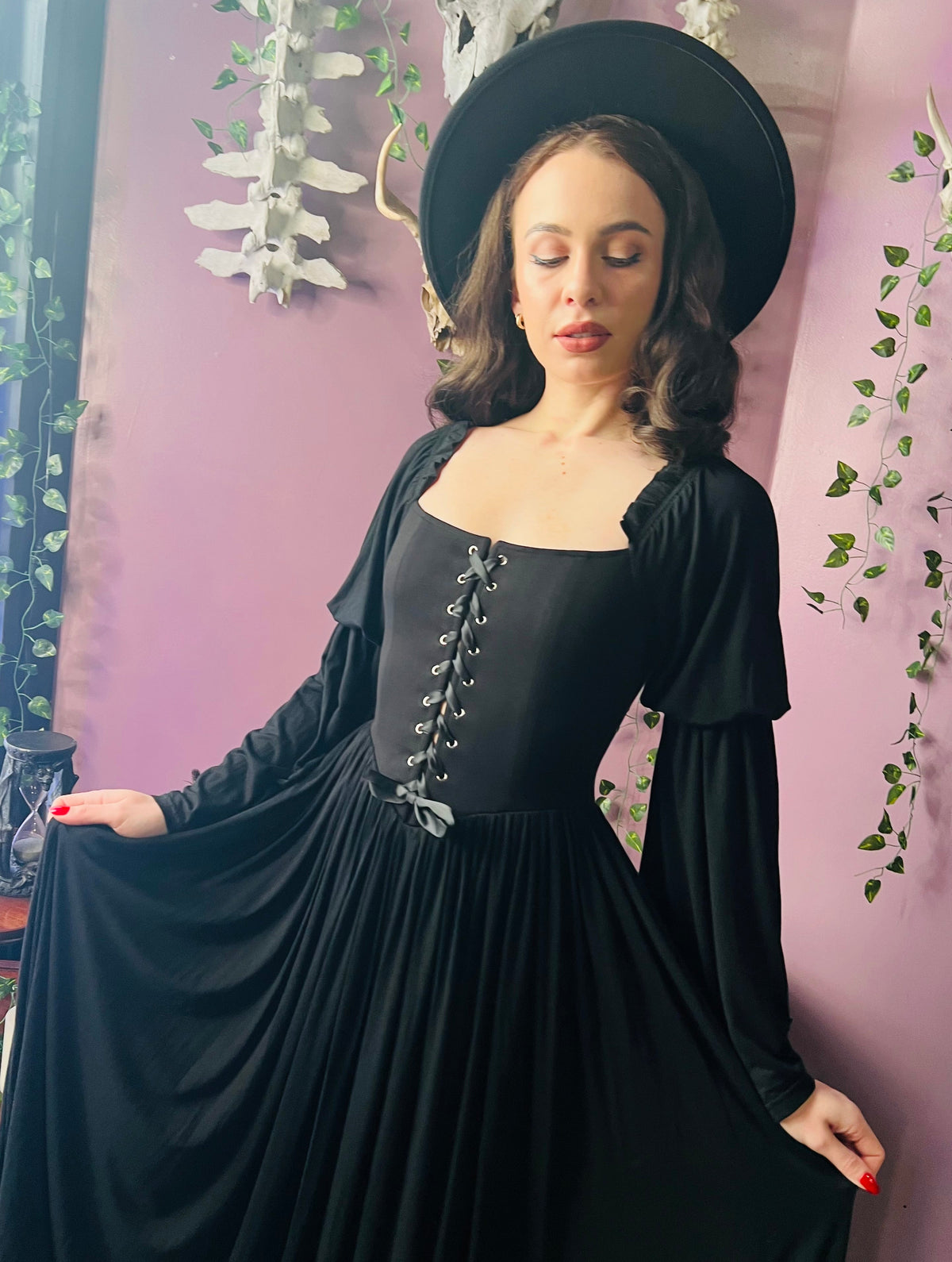 Lilith - Dark Cottage Goth Lace Up Jersey Dress - READY TO SHIP