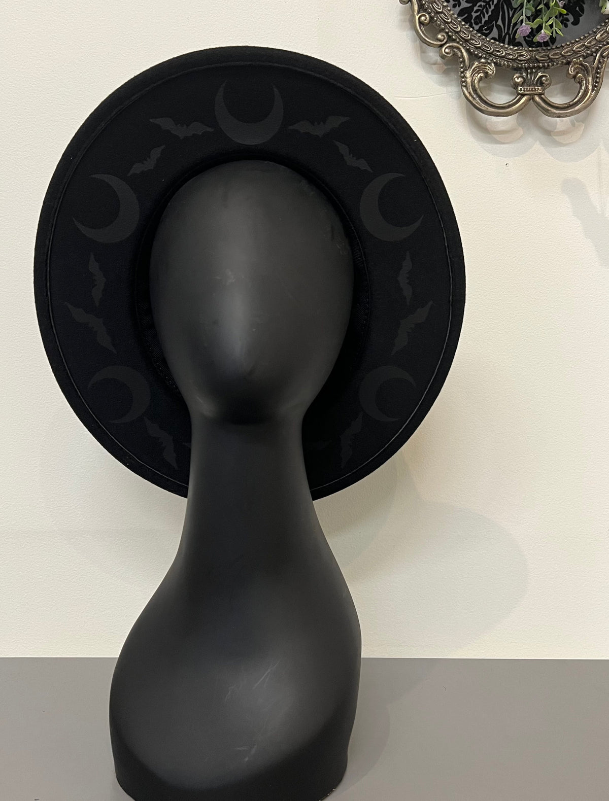 Vegan Felt Wide Brim Hat - Black on Black Bat moon