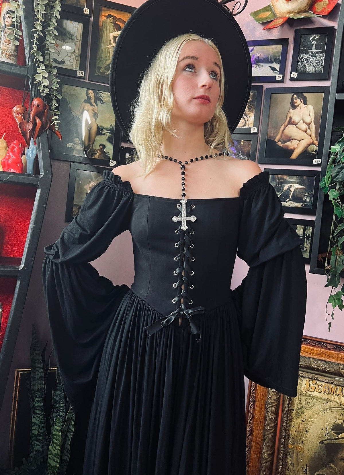 Lilith - Dark Cottage Goth Lace Up Jersey Dress - READY TO SHIP