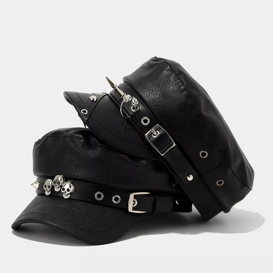Studded Embellished Faux Leather Hat