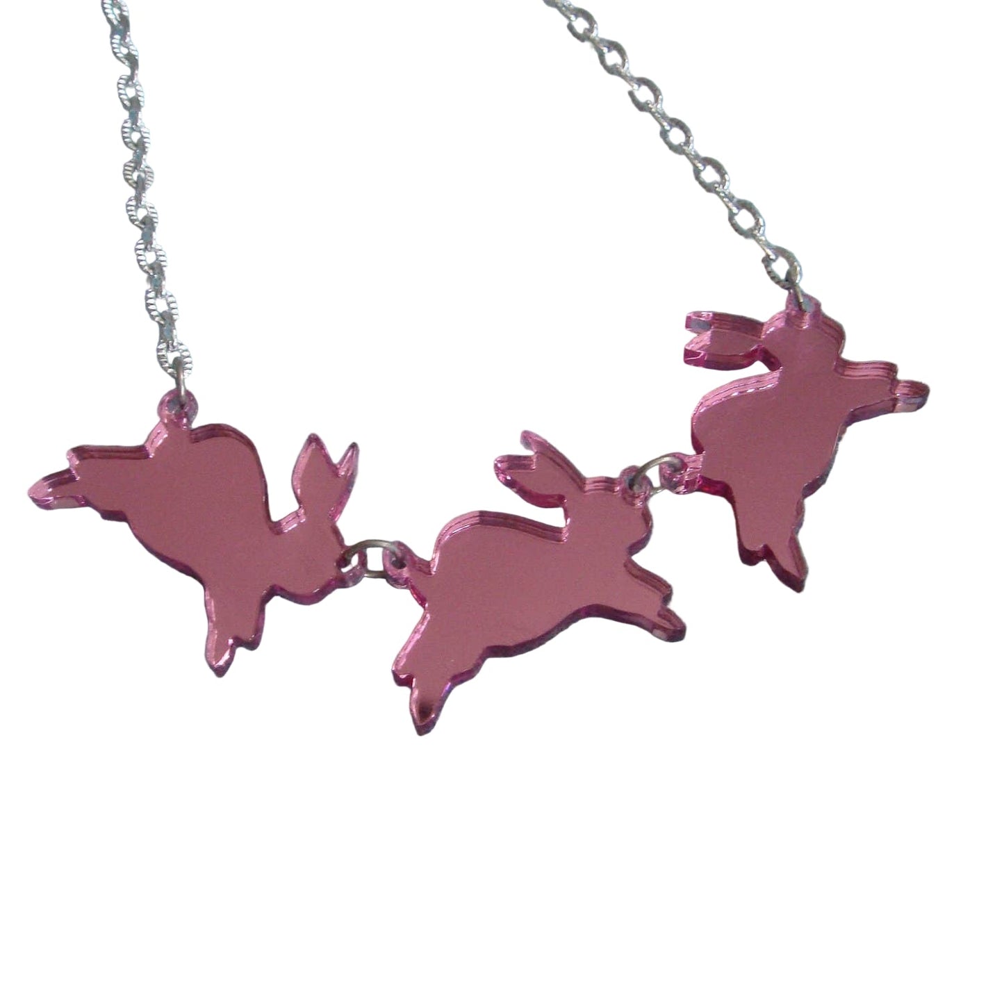 Mirror Bouncing Bunnies Bunny Rabbit Statement Necklace PINK
