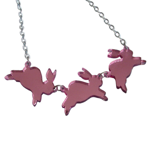 Mirror Bouncing Bunnies Bunny Rabbit Statement Necklace PINK
