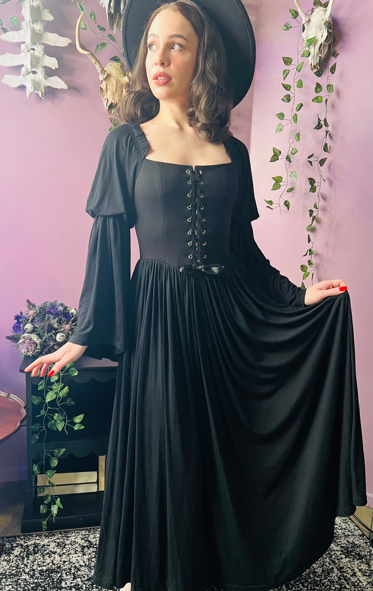 Lilith - Dark Cottage Goth Lace Up Jersey Dress - READY TO SHIP