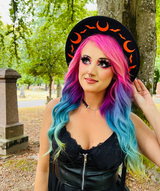 Vegan Felt Wide Brim Hat - "Orange Bat Moon"