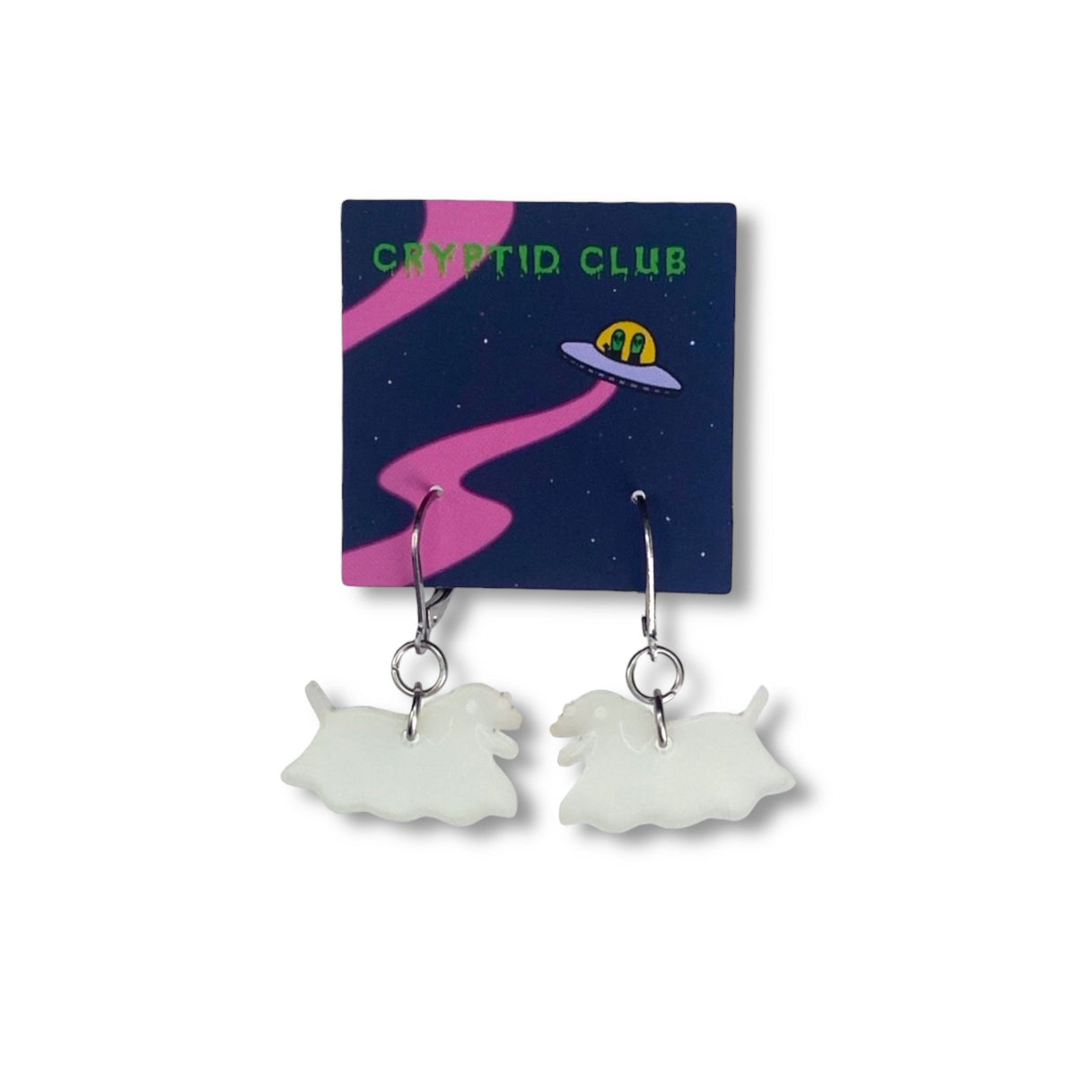 Cryptid Club Sarah's Scribbles Dog Ghost Dangle Earrings- GLOWS!