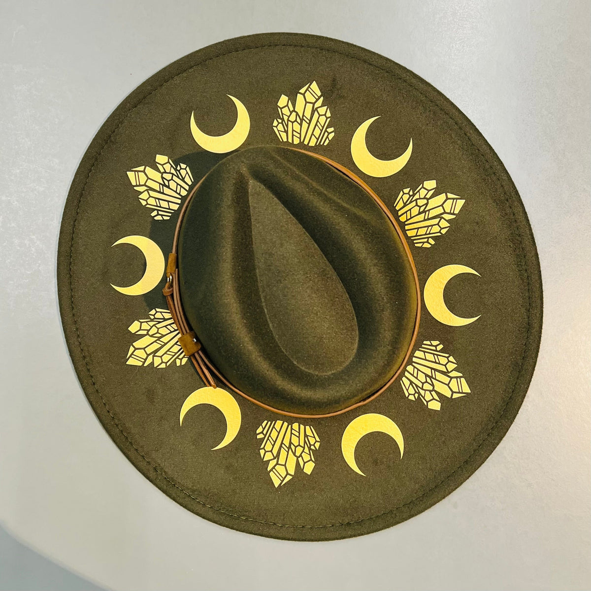 Fox & Fable - Vegan Felt Wide Brim Hat - XL Brim - Olive  - Moon & Crystals