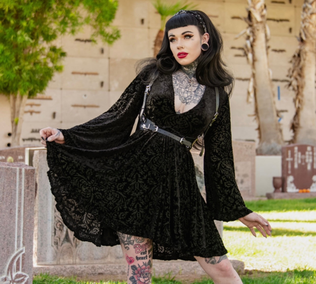 Nyx - Bell Sleeved Velvet Damask Dress with Harness - READY TO SHIP!