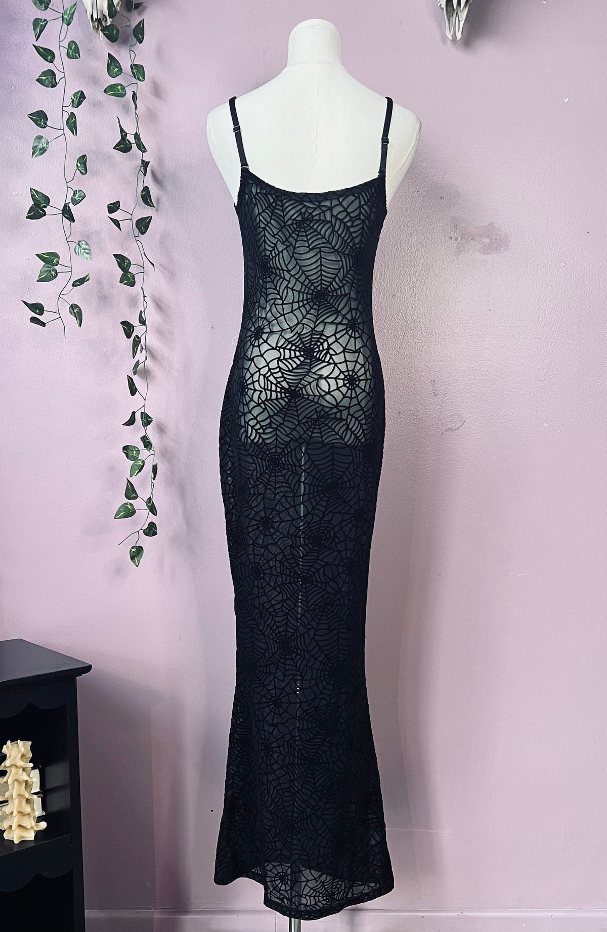 Sheer Hourglass Maxi Dress - Velvet Flocked Spider Webs - READY TO SHIP!