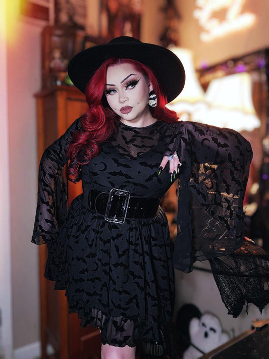 Dracuella - Velvet  BATS Flocked Mini Dress with Witchy Bell Sleeves - READY TO SHIP