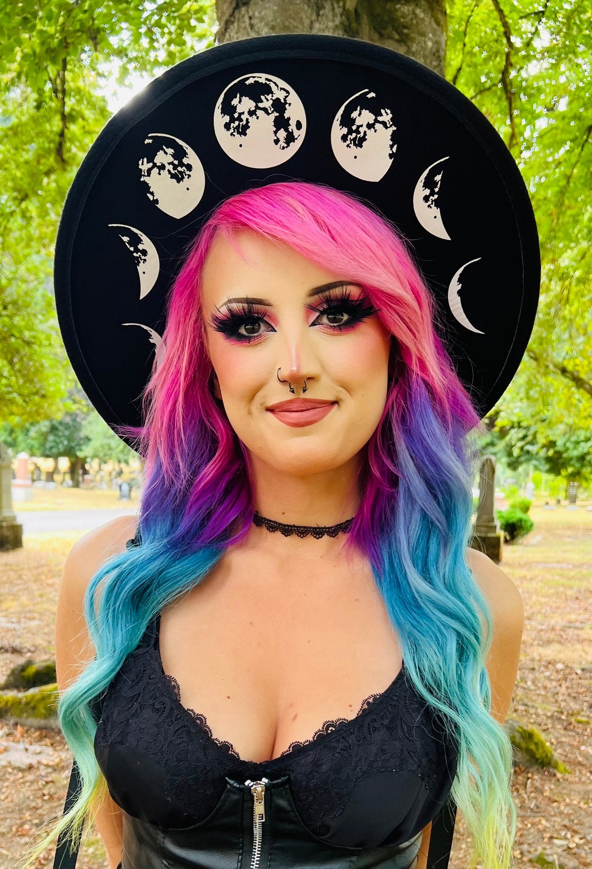 Vegan Felt Wide Brim Hat - Flat Top XL Brim - "large Moon Phase"