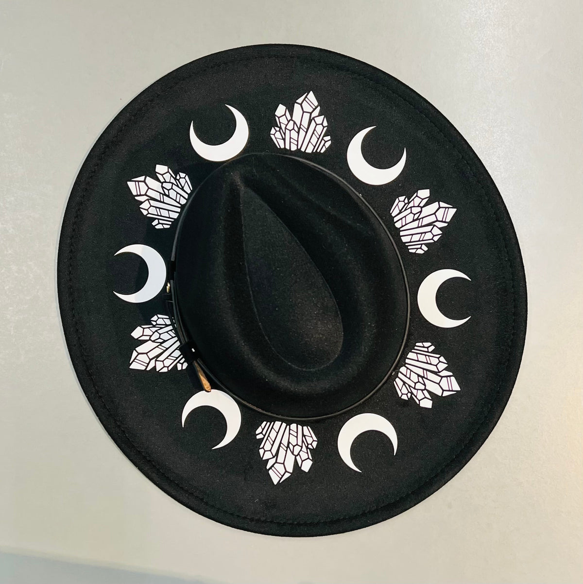 Vegan Felt Wide Brim Hat - XL Brim - Moon & Crystals