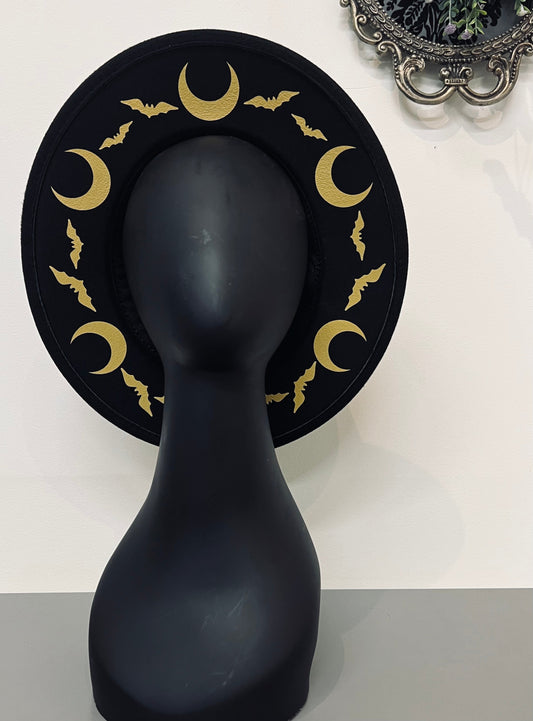 Vegan Felt Wide Brim Hat - Gold Bat moon