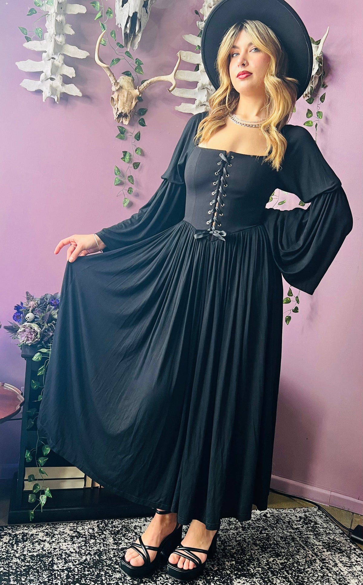 Lilith - Dark Cottage Goth Lace Up Jersey Dress - READY TO SHIP