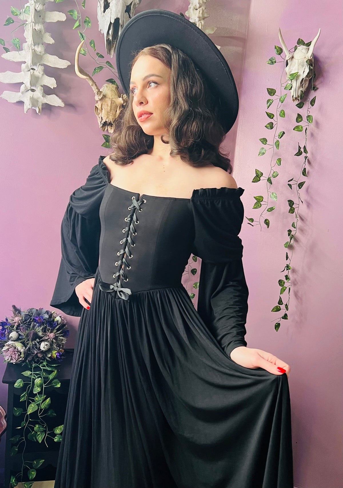 Lilith - Dark Cottage Goth Lace Up Jersey Dress - READY TO SHIP